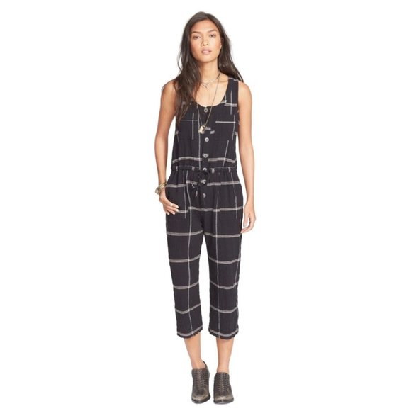 Free People Pants - Free People Plaid Jumpsuit Black Button Front Sleeveless Tie Waist Size Medium